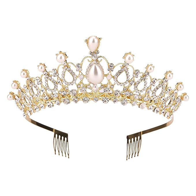 Sppry Women Tiara with Comb - Pearl Crystal Crown for Bridal Queen Princess Girls at Wedding Birthday Pageant (Gold)