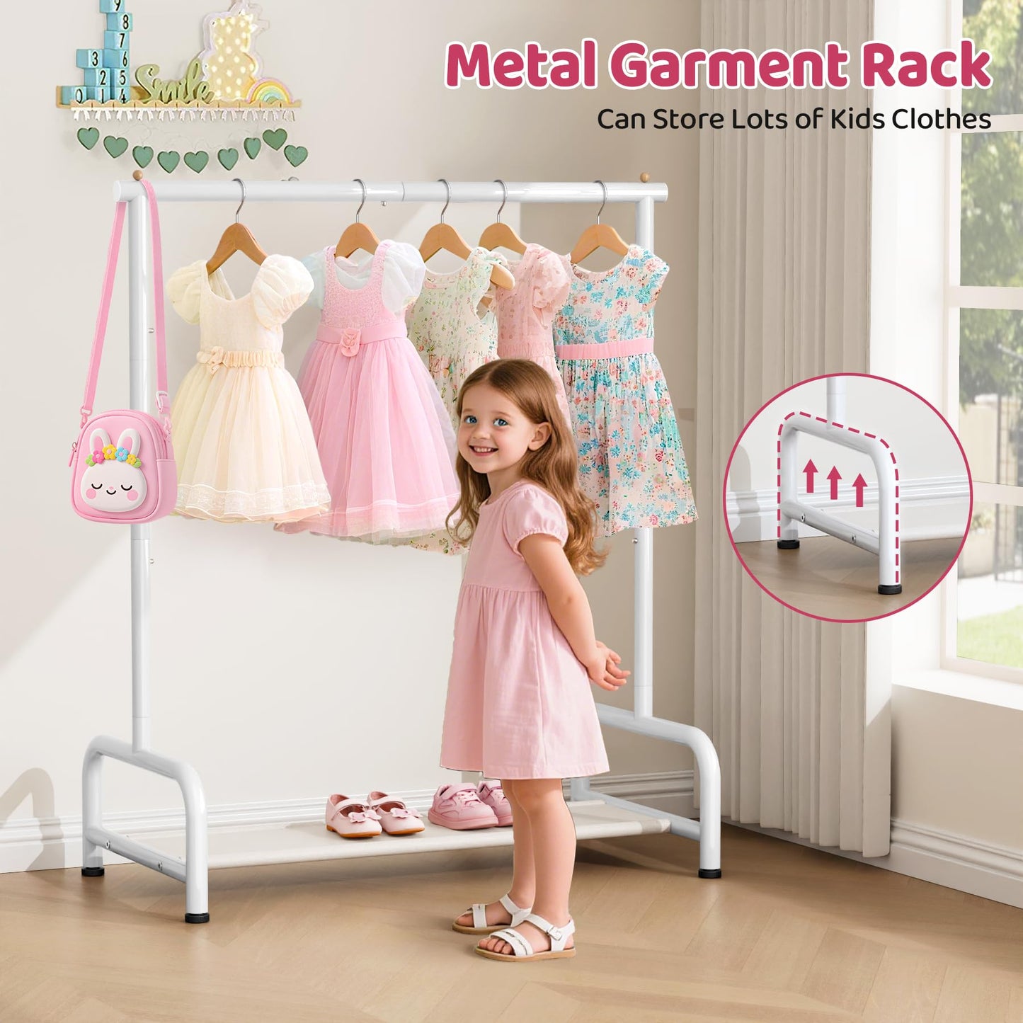 SLEEPING LAMB Kids Clothing Rack, Small Baby Clothes Rack with Bottom Storage Shelf, Kids Dress Up Rack Storage for Coats, Dance Costume Garment Rack for Hanging Clothes, White