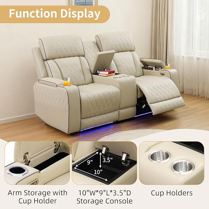 Caberryne Power Recliner Sofa with LED Lights,Leather Reclining Loveseat with Double Recliner/USB Port/Storage Console/Cup Holder for House/Home Theater(2 Seater Loveseat,Paddy)