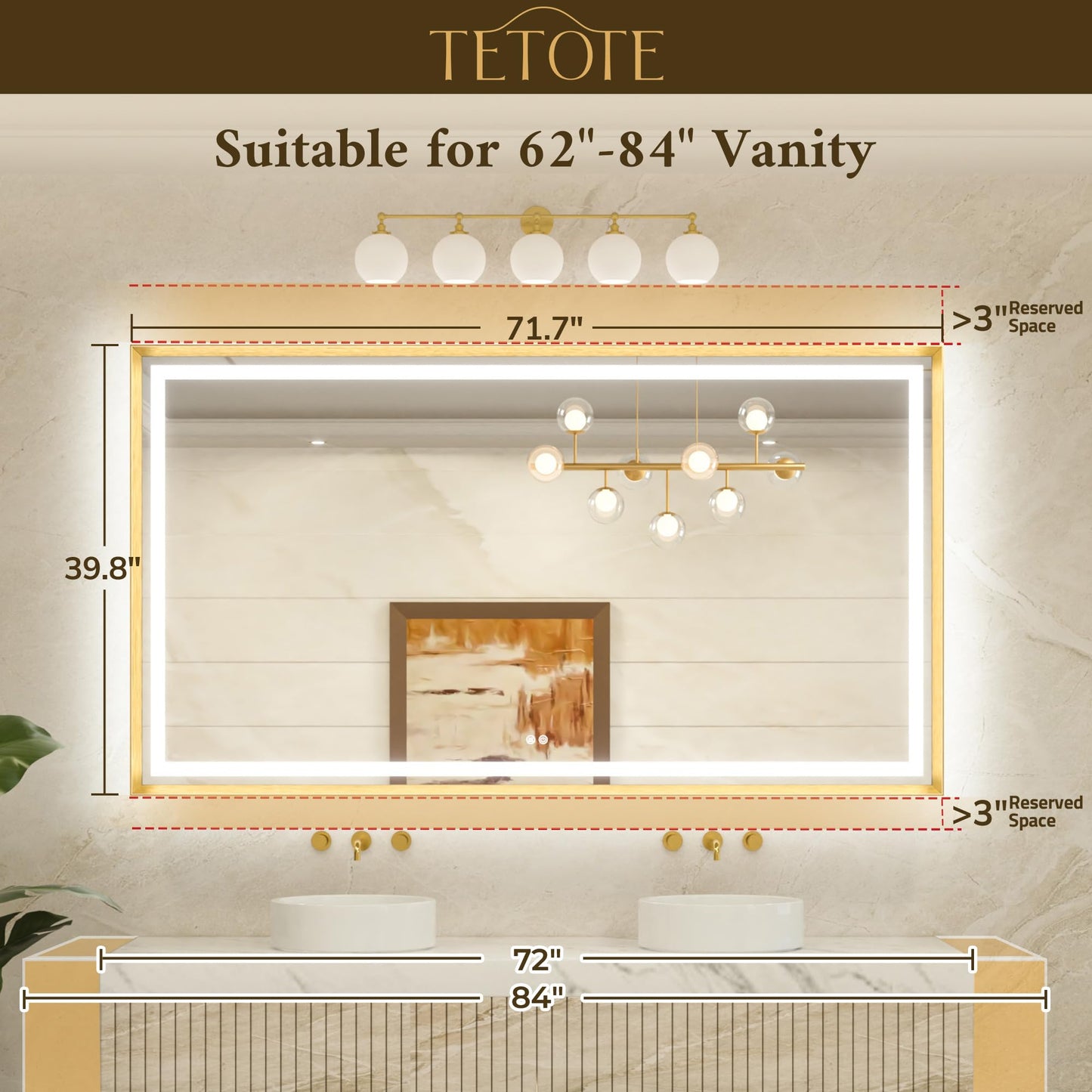 TETOTE 72 x 40 Bathroom LED Mirror Brushed Gold Metal Frame Frontlit & Backlit Vanity Mirror Anti-Fog Stepless Dimmable 3 Colors White/Warm/Natural Wall-Mounted