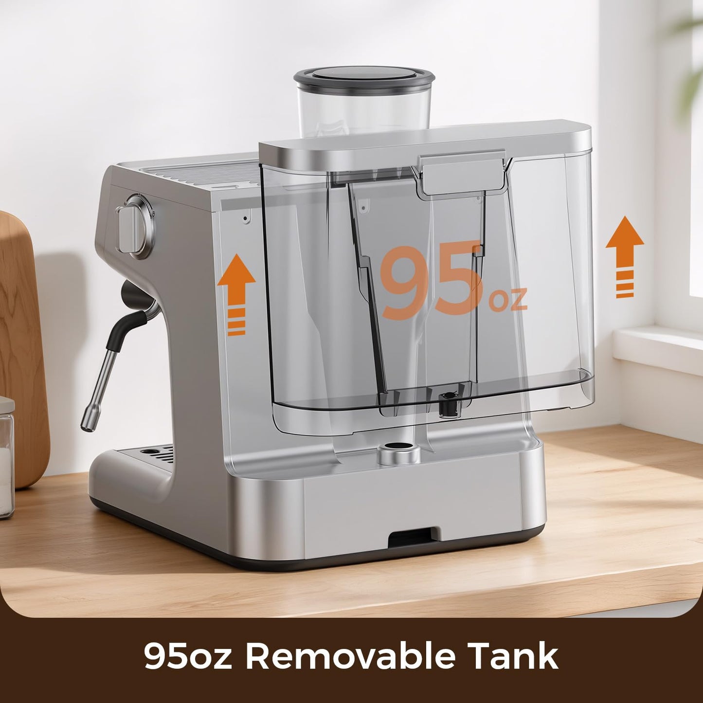 Espresso Machine with Grinder, 20 Bar Expresso Coffee Machines, Professional Coffee Maker for Latte & Cappuccino with Milk Frother, Expresso Machines for Home, Removable Water Tank, Steam Wand-Silver