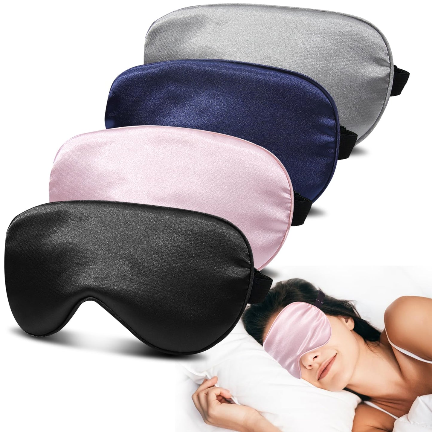 JroyJoy Silk Sleep Masks for Sleep, 4 Pack Super Soft Sleep Mask for Women & Men, 100% Blackout, Zero Eye Pressure, Blindfold with Adjustable Strap, Travel Eye Covers (Black, Pink, Blue, Grey)