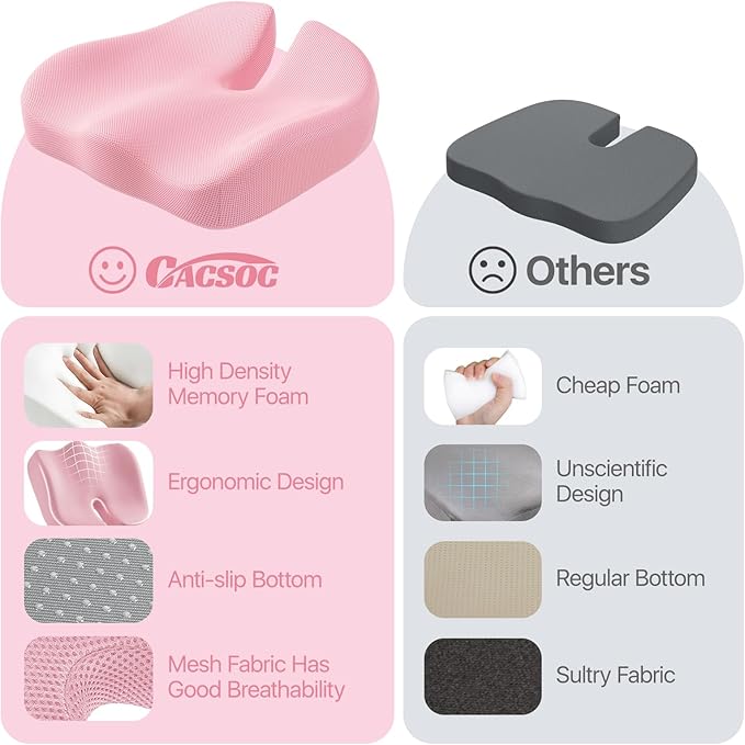 CJACSOC Seat Cushion, Extra Large Memory Foam Cushion for Office Chair Cushions, Ergonomic Cushions Pad Pillow for Pressure Relief Sciatica & Pain Relief for Long Sitting, Pink