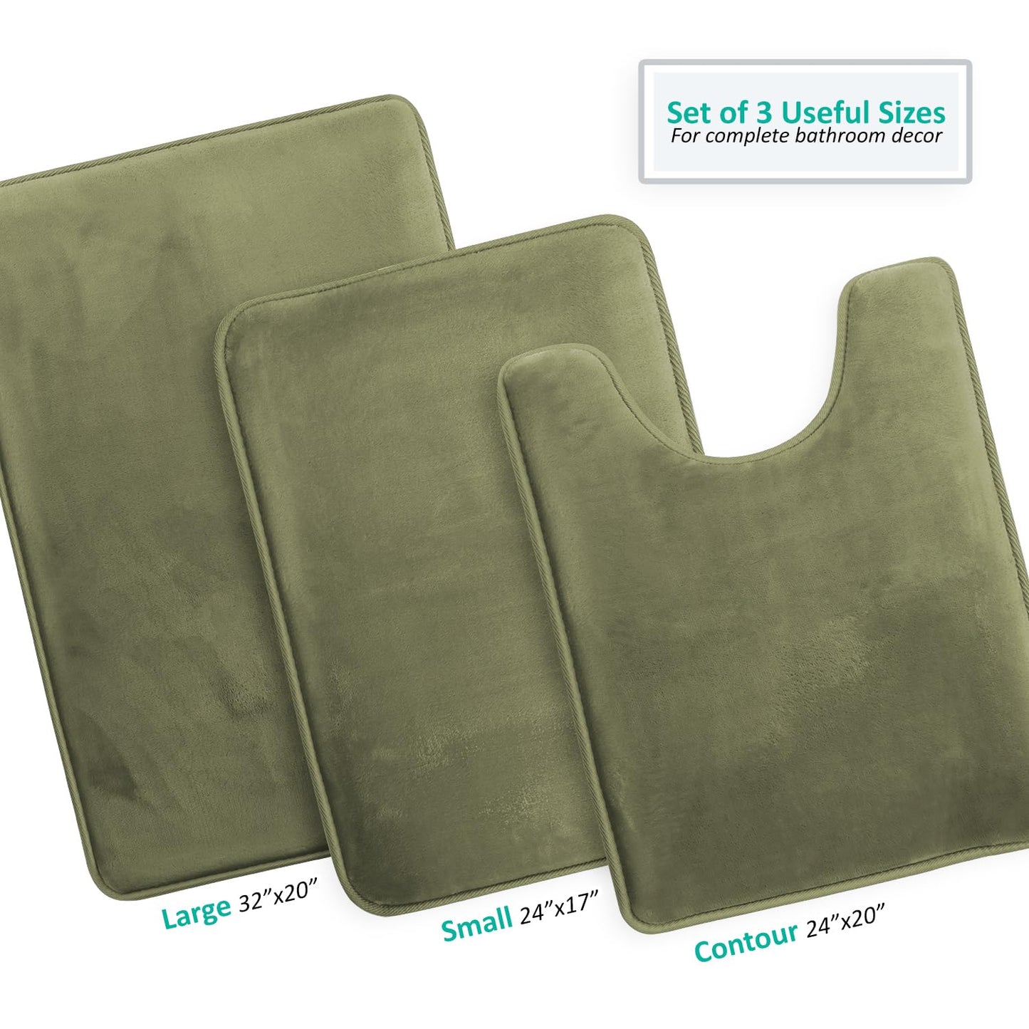 Clara Clark 3 Piece Bathroom Rugs Bath Mat Set, Velvet Memory Foam Bath Mats for Bathroom - Non-Slip, PVC Backing Bath Rugs, Washable - Dries Quickly, Green