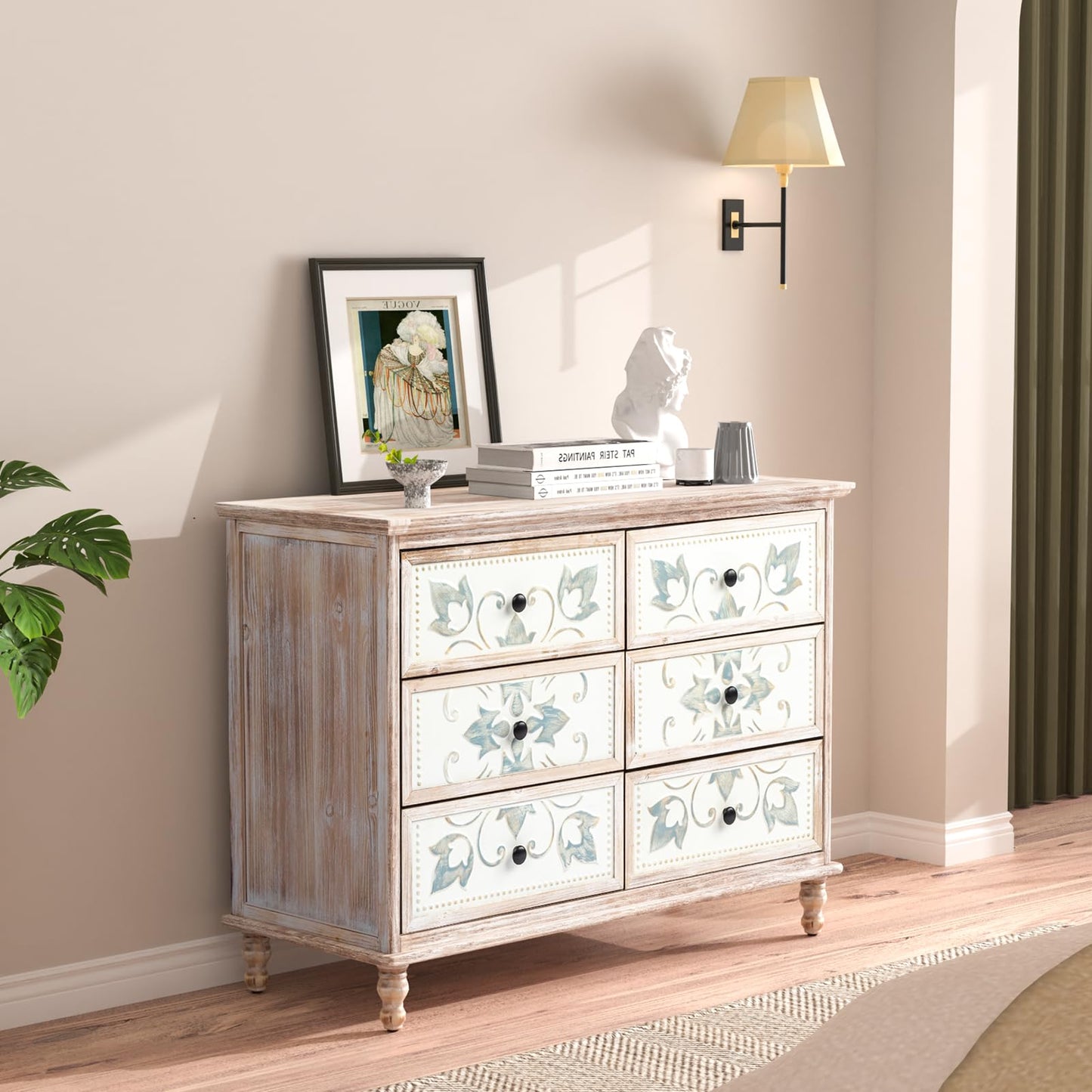 VINGLI Wash White Dresser for Bedroom, 6 Drawer Dresser Chest of Drawers, Boho Dresser Wooden, French Country Dresser with Carved Flower Pattern Drawers & Solid Wood Legs