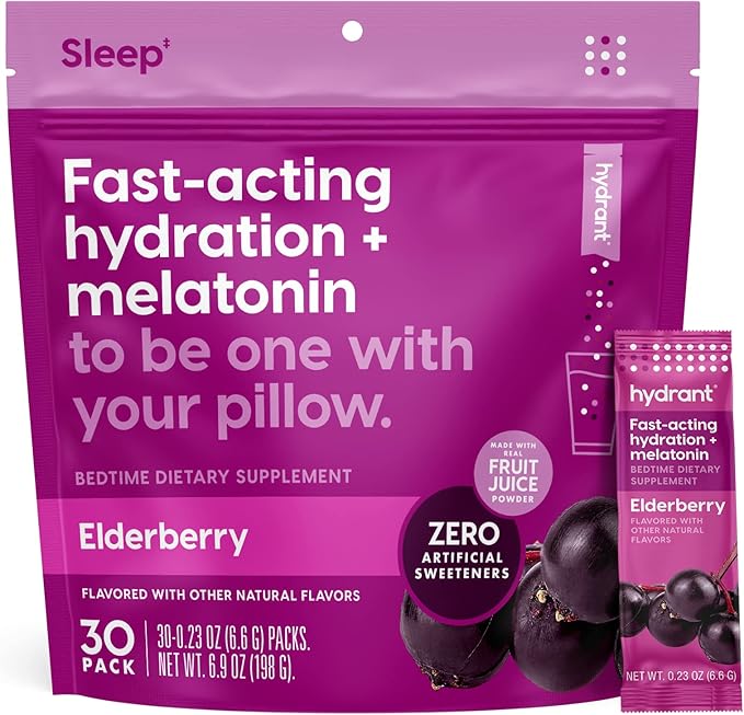 Hydrant - Sleep Electrolyte Powder, Elderberry Flavor, 30 Rapid Hydration Individual Stick Packs - Sleep Blend of Melatoni...