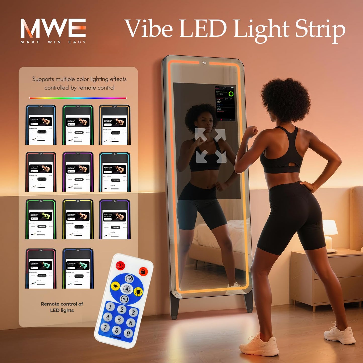 RIXZSIW Smart Gym Mirror for Home Workout | 32" HD Touch-Screen Andriod OS | 63" Reflective Surface | No VIP Fees Support Various APPs, Music Sync LED Light Strip, for Home Gym/Yoga/Dance