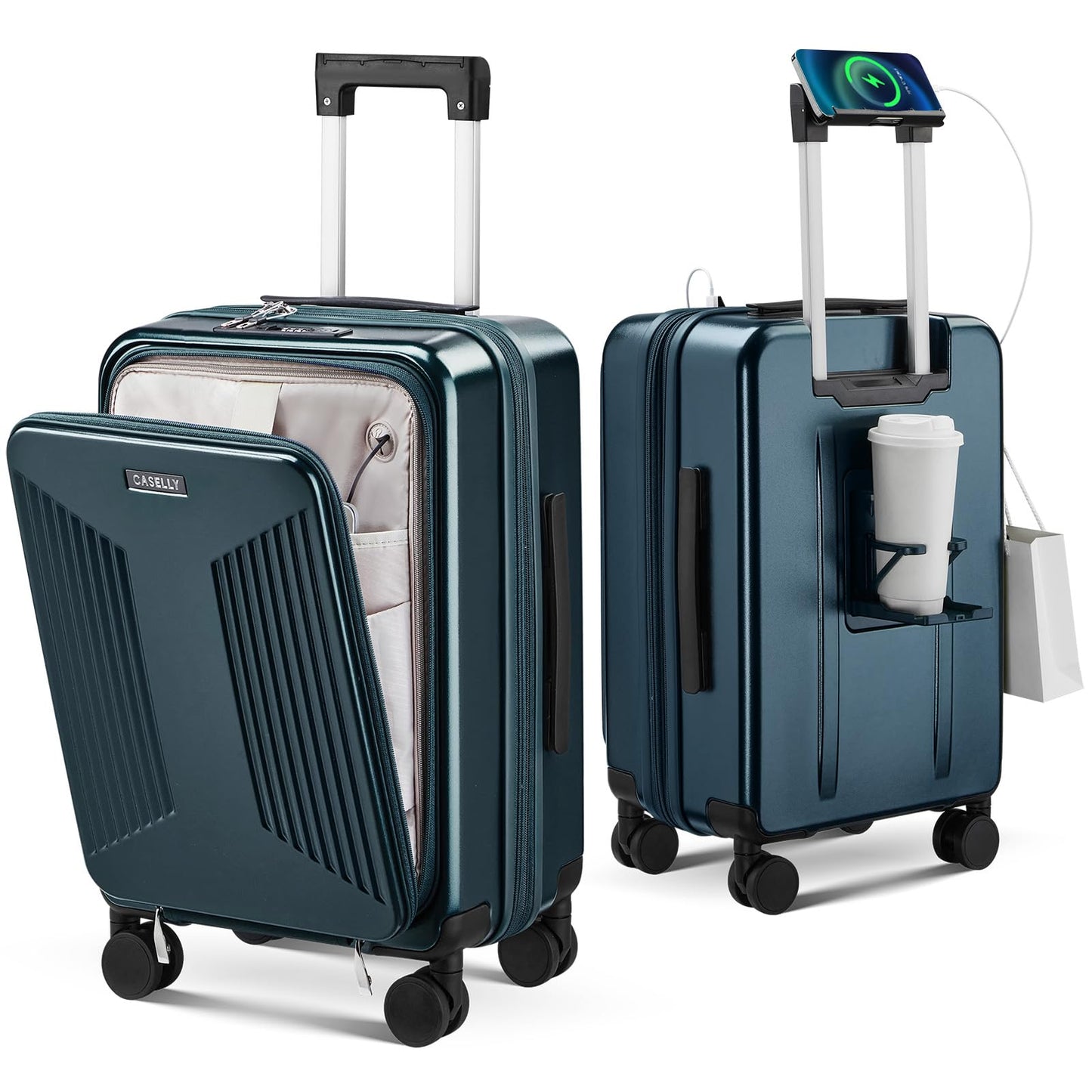 CASELLY Carry on Luggage Top opening Suitcases, Expandable with Cup Holder and USB Charging Port,Lightweight with Front Pocket Rolling Suitcases with Spinner Wheels