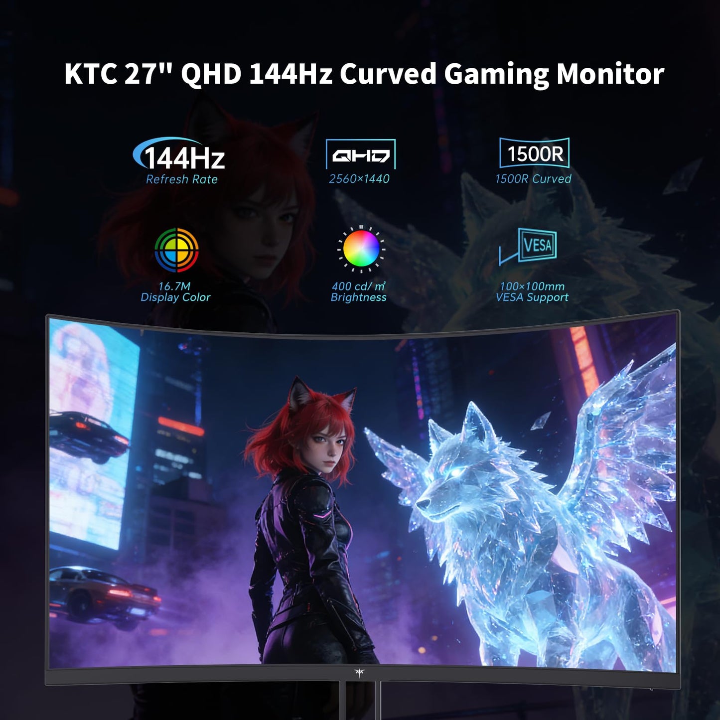 KTC 27 Inch Curved Gaming Monitor, 1440P QHD 144Hz PC Monitor, 1500R Computer Display Adaptive Sync, HDR400, 4000:1 Contrast, Eye Care, DP HDMI Port, VESA Wall Mountable, H27S5C