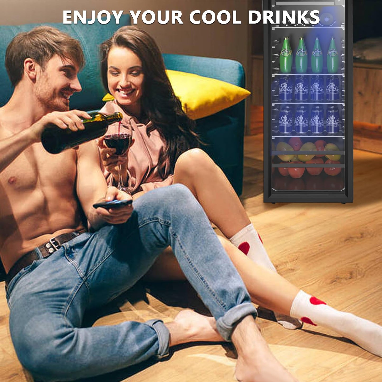 Zyerch Beverage Refrigerator, 180 Can Freestanding Mini Fridge with Glass Door for Soda Beer Wine, Small Drink Dispenser with Adjustable Temperature Control for Home, Office, Black