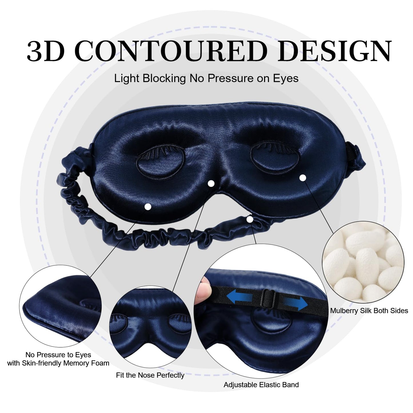 ZIMASILK Adjustable 22 Momme 100% Pure Mulberry Silk Sleep Mask, 3D Contoured Cup Eye Mask for Sleeping, Super Soft Breathable Blindfold, Perfect Blocks Light for Sleeping. (Navy Blue)