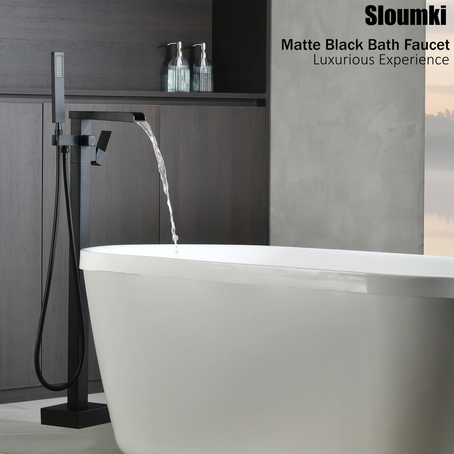 Freestanding Bathtub Faucet Waterfall Tub Filler Black Floor Mount 304 stainless steel Single Handle Bathroom Faucets with Hand Shower