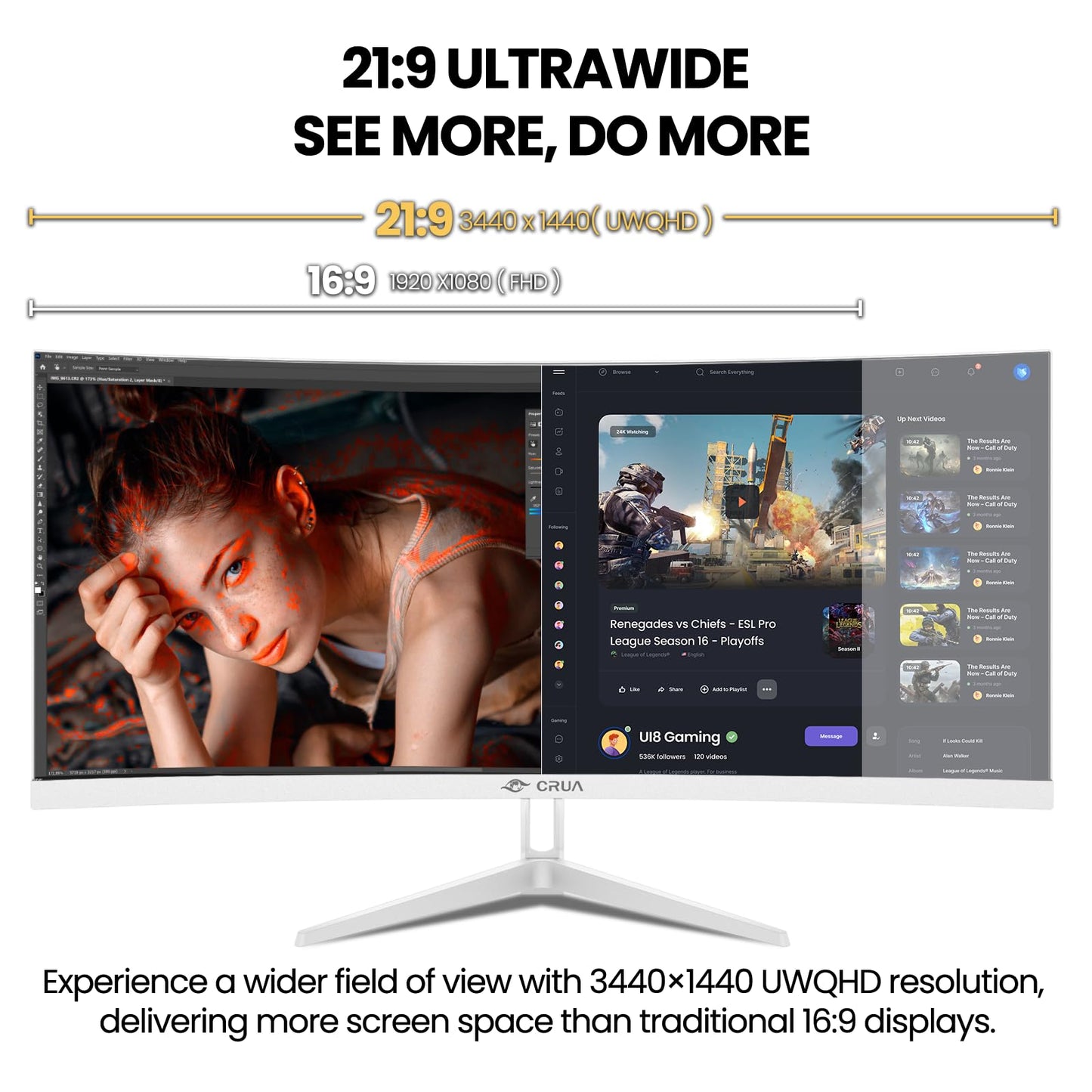 CRUA 34 Inch Ultrawide Curved Monitor, 21:9 UWQHD 3440x1440 100Hz 3800R IPS White Computer Monitors, FreeSync, Built-in Speakers, 120% sRGB, Blue Light Filter, HDMI 2.0 & DP 1.4, Wall Mountable
