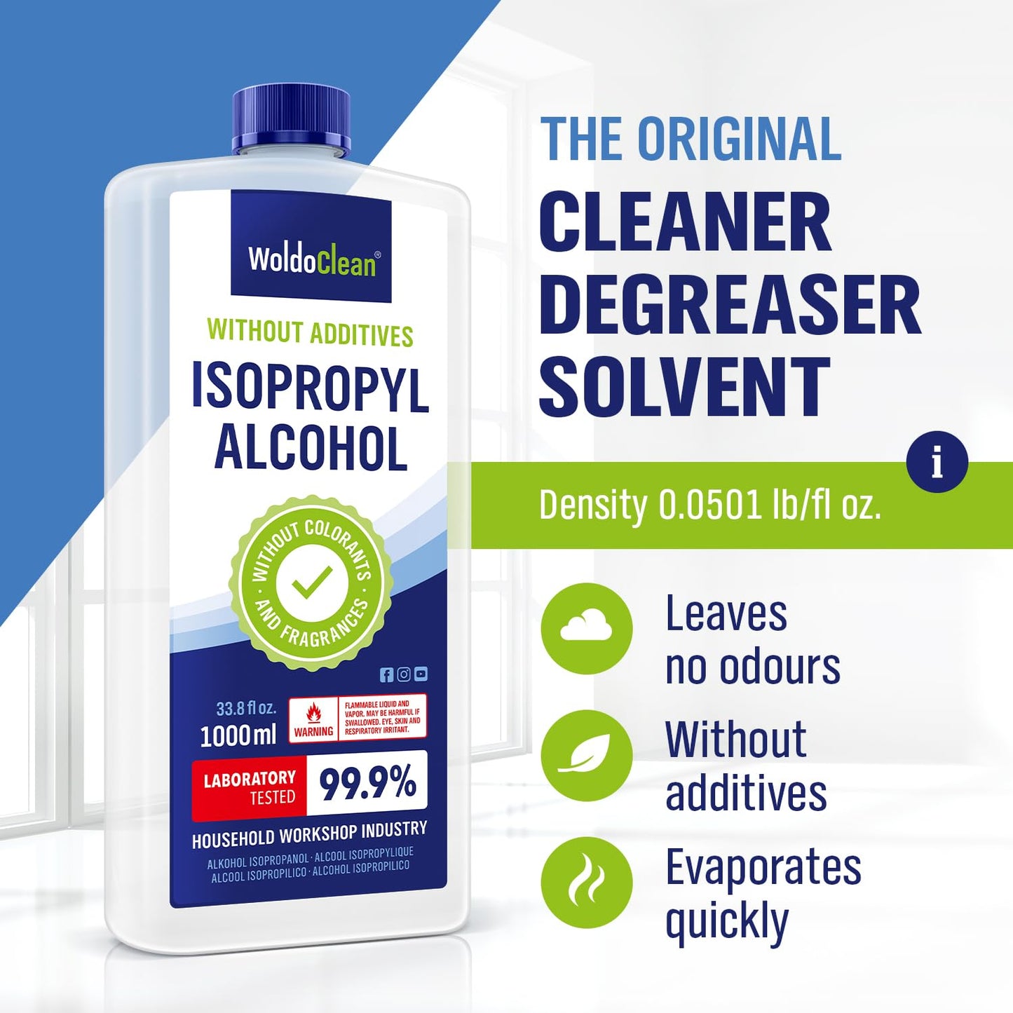 WoldoClean Isopropyl Alcohol 99.9% Pure IPA 33.8 fl oz - High Purity Rubbing Alcohol for Cleaning Electronics, Glass, Tools & Household Surfaces, Fast Evaporating, Residue-Free