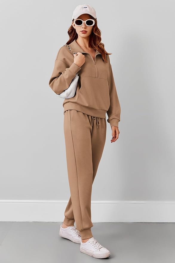 PINSPARK 2 Piece Sets for Women 2025 Fall Travel Outfits Long Sleeve Tracksuit Joggers Sets Half Zip Sweatsuit Matching Set