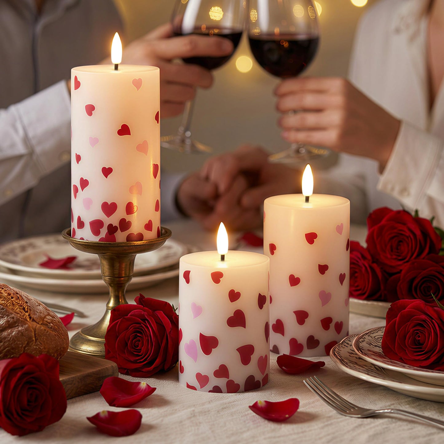 JOIONE Valentines Day Flameless Pillar Candles with Remote Set of 3, Battery Operated Real Wax LED Heart Stickers Candle, Perfect for Romantic Date Night, Wedding and Home Décor, Heart Stickers