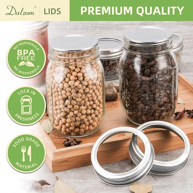 Dalzom® 48Pcs Canning Lids with Rings Regular Mouth, Premium Mason Jar Lids with Bands/Rings for Ball, Kerr Jars - Food Grade Material, 100% Fit & Airtight for Regular Mouth Mason Jars