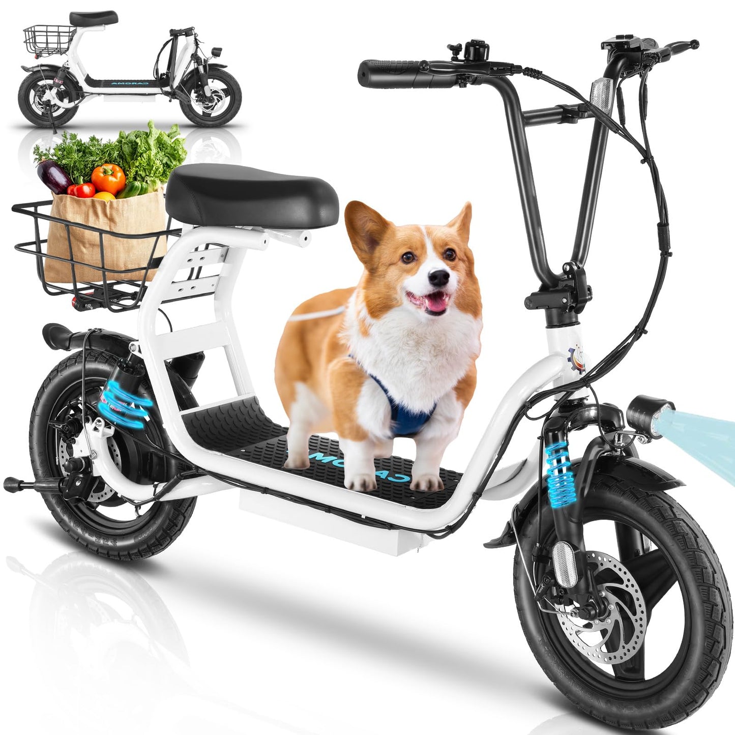 Caroma Peak 1200W Electric Scooter with Seat, 14" Fat Tire, 500Wh Battery, 30 Miles Range, 20MPH Top Speed, Foldable Electric Scooters for Adults, Shock Absorbing Electric Bike for Commuting