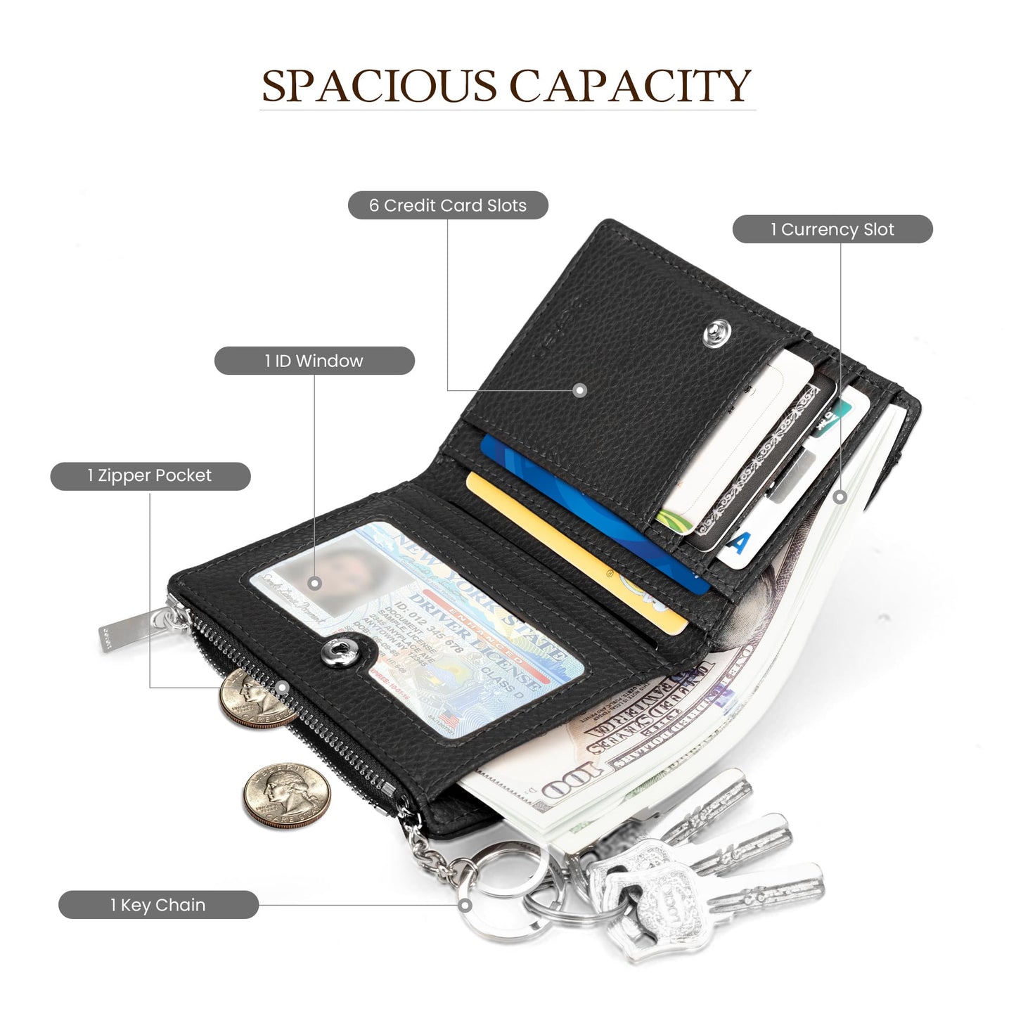 befen Genuine Leather RFID Wallet Women, Small Slim Keychain Wallets with Card Slots, Zipper Coin Holder - Black
