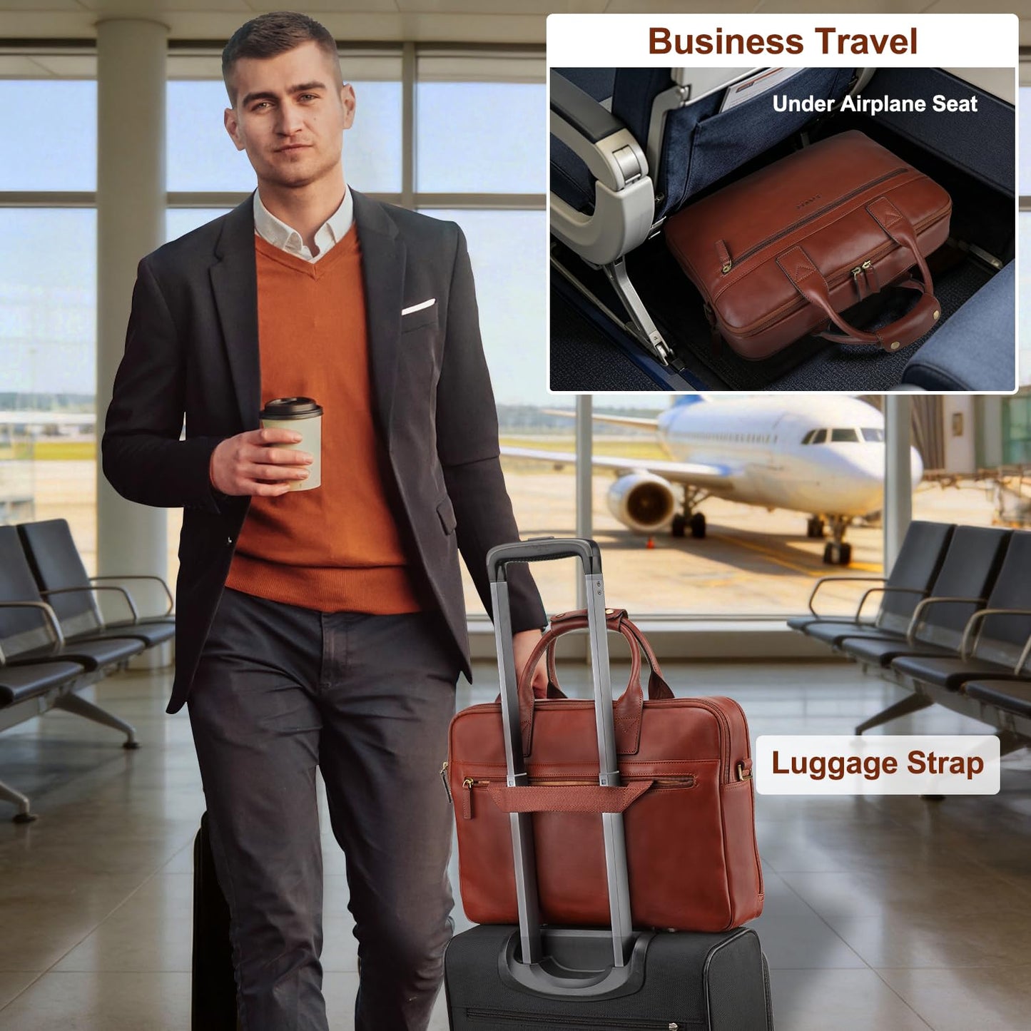 Banuce Premium Italian Full Grain Leather Briefcase for Men 14 Inch Laptop Bag for Business Travel Office Work with Luggage Strap and Shoulder Strap Brown