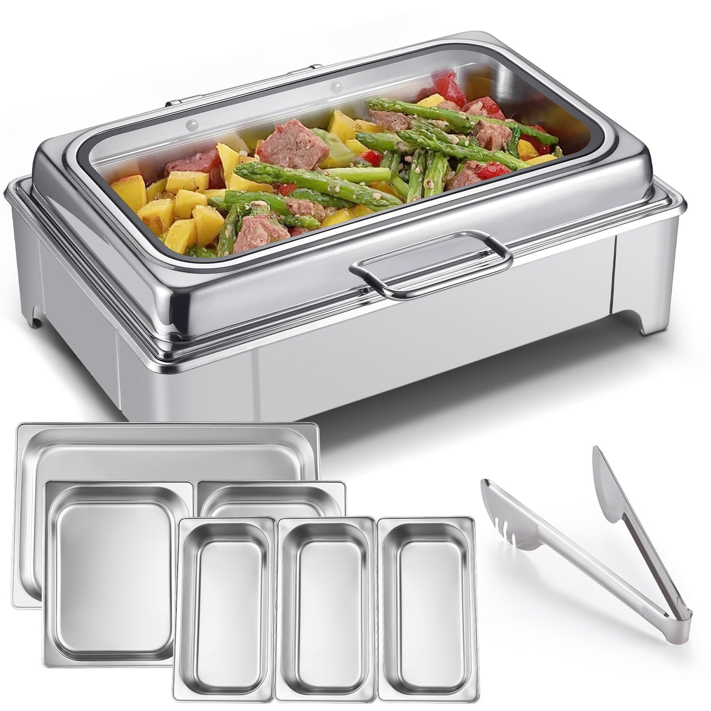Electric Chafing Dish Buffet Server Set, Stainless Steel Full Size & Half-Size &Three-Section Food Pan with Temp Control, Roll Top Stainless Steel Food Warmers for Catering Buffet (A-01)