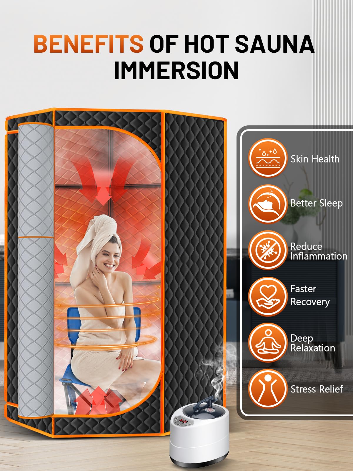 RELEXNOW Portable Sauna Box for Home, Personal SPA Steam Sauna with 10 Min Fast Heating & 9 Levels Heat, Warm Sauna Tent with 3L/1200W Steamer, Folding Chair, Remote Control for Body Relaxation