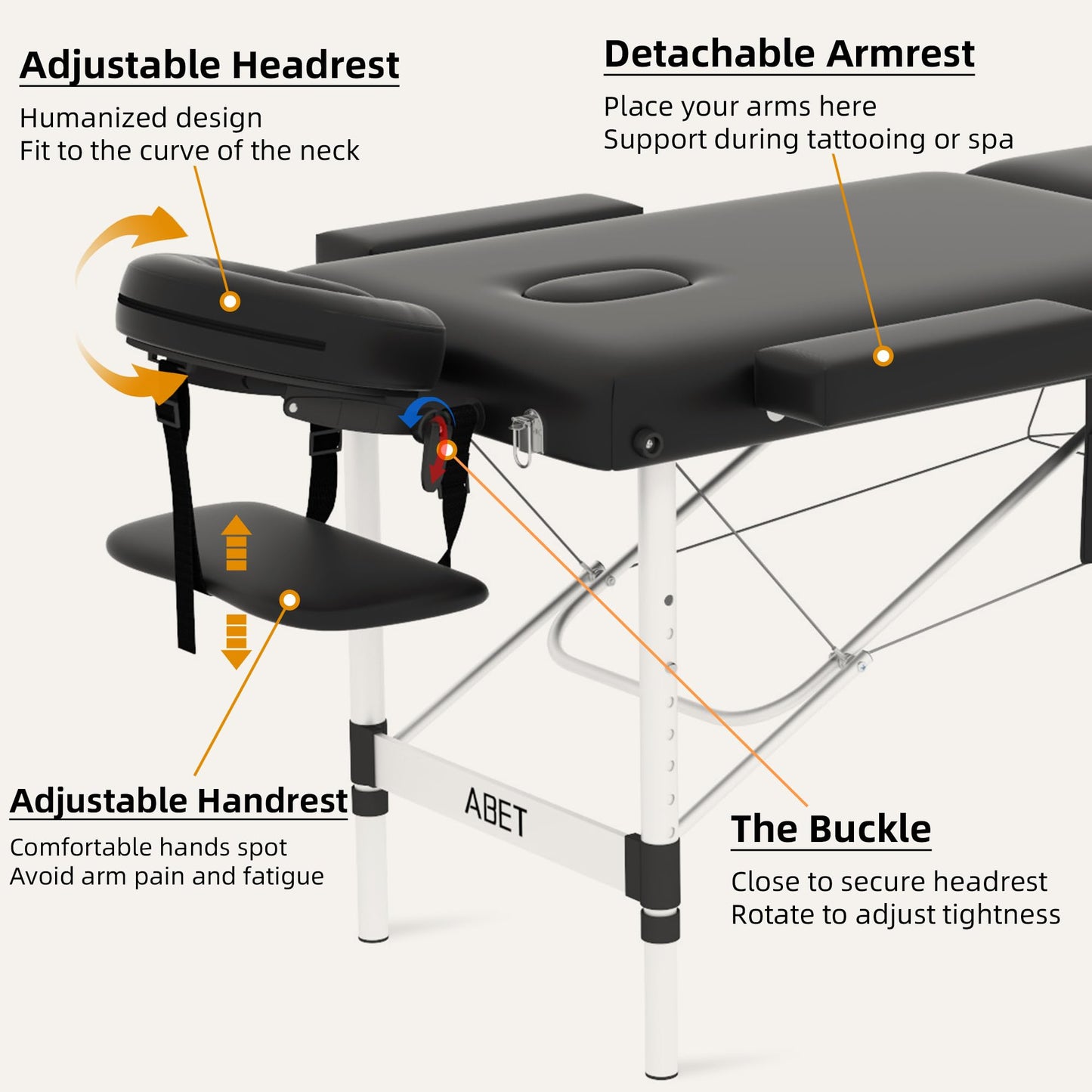 ABET Massage Table, 3 Fold Portable Professional Lash Tattoo Spa Bed, Height Adjustable 23.5" Wide Compact Facial Table with Detachable Oil Pocket Towel Rod Face Cradle Armrest, Aluminum Feet & Black