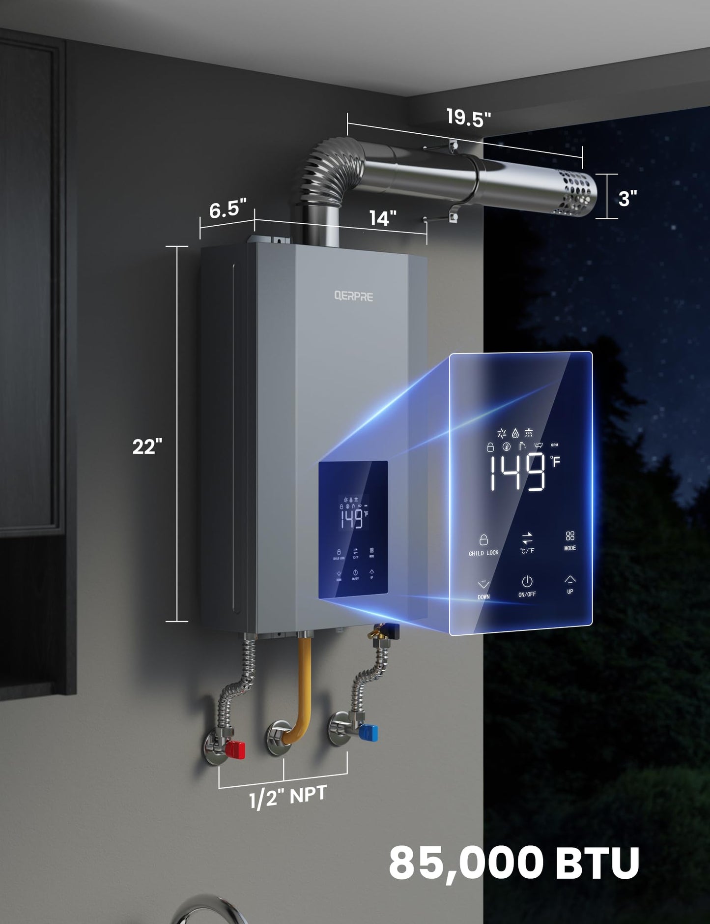 Natural Gas Tankless Water Heater, Max 3.6 GPM, 85,000 BTU Indoor Installation, On Demand Instant Hot Water Heater, 2-3 Points Whole House, Within 1℉ Stable Temp, Multi-Protection, 1/2" NPT Connector