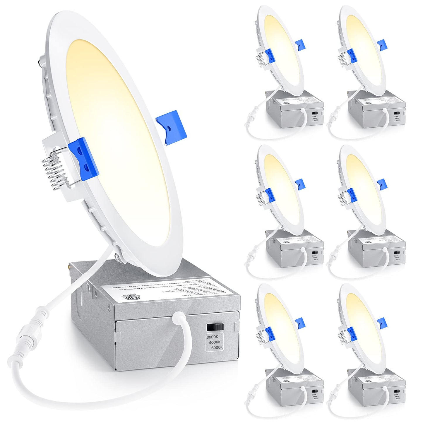 Ensenior 6 Pack 6 Inch LED Recessed Light, Dimmable, 3000K-5000K 3CCT, 1200LM High Brightness, 12W 120V, 3 Pin, ERL-12X-ETL, Damp Rated, Ultra-Thin Canless Wafer Ceiling Light - ETL & FCC & IC