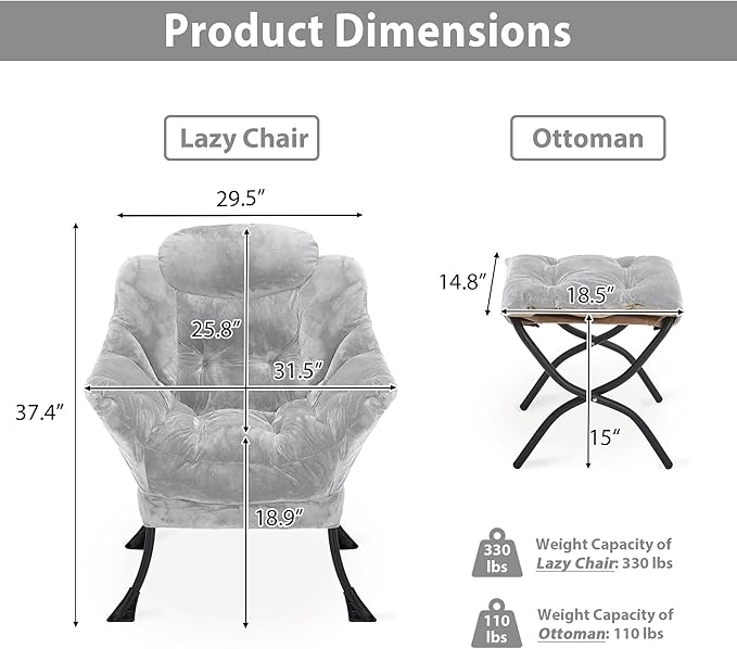Youtanic Lazy Chair with Folding Ottoman, Accent Chair Plush Upholstered with Metal Structure and Non-Slip Pads, Sofa Armchair with Footrest and Side Storage Bag for Dorm, Room, Office, Light Gray