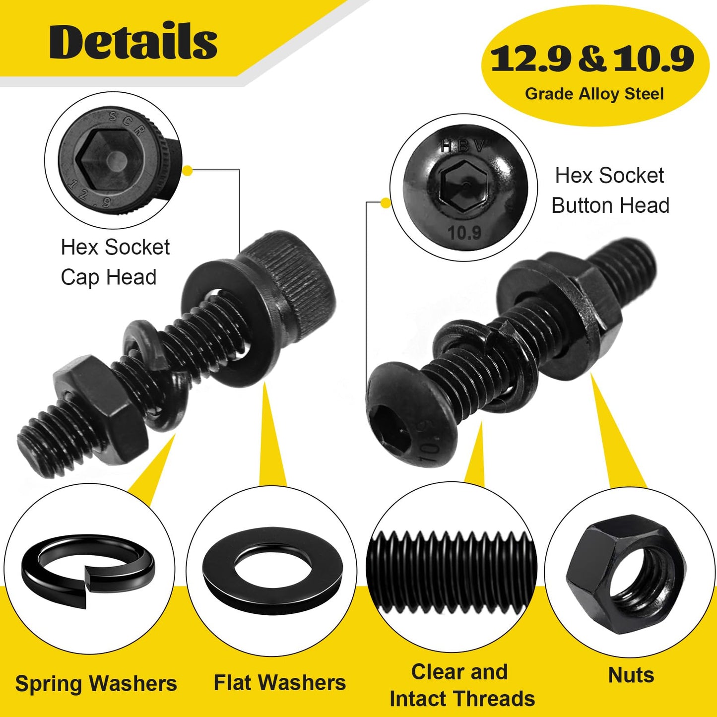 Fgruh 2300PCS M3 Screws with Nuts Assortment Kit, M3x4/6/8/12/16/20/25/30/35 mm Hex Socket Button & Cap Head Bolts Nut and Washers Set, 12.9 & 10.9 Grade Black Zinc Plated for DIY, 3D Printer