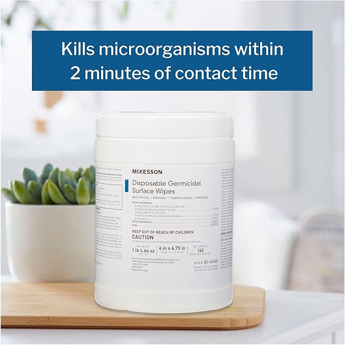 McKesson Germicidal Surface Wipes, Pre-Moistened Alcohol Cleaning Wipes for Hard Surfaces, Non-Woven Cloth - 6 in x 6 3/4 in, 160 Wipes, 1 Pack, 1 Count (Pack of 160)