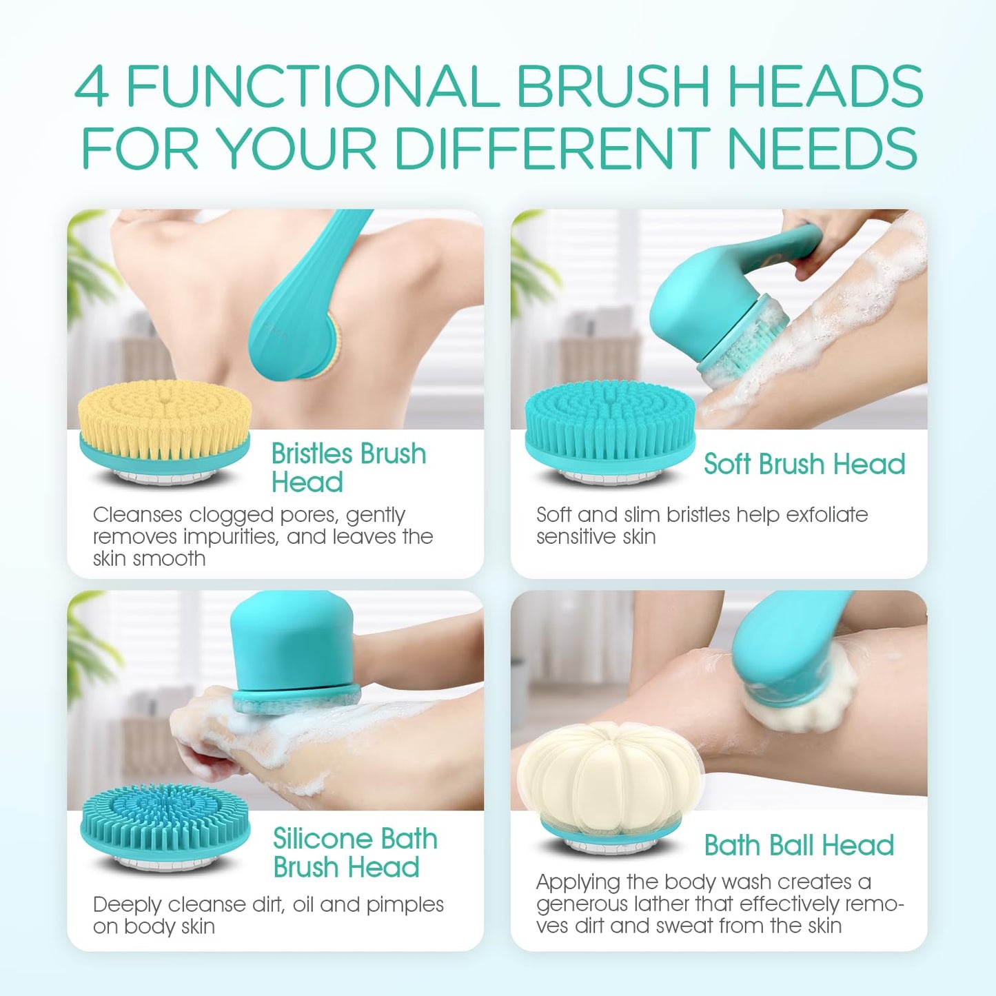 VOYOR Electric Body Brush Back Scrubber Silicone Body Scrubber Two-Way Rotating Brush Head for Deep Cleaning, Exfoliation, 4 Att