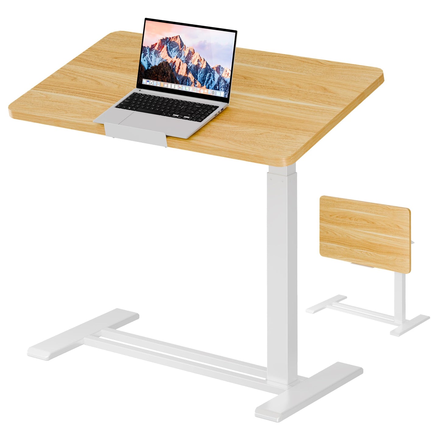SANODESK Medical Adjustable Overbed Bedside Table with Casters 90° Tilt Top Pneumatic Mobile Rolling Laptop Computer Standing Desk Cart with Tray, Hospital and Home Use(31.5" W x 17.7" D, Maple)