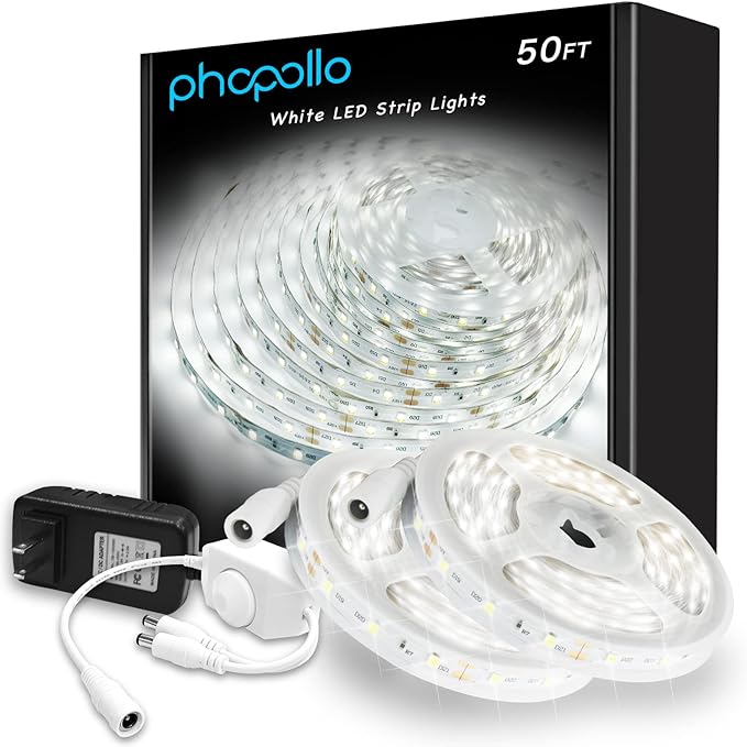 phopollo White LED Strip Lights, 50ft (2 Rolls of 25ft) Dimmable 6500k Daylight White Led Light Strip, 900 LEDs 24V Led Li...
