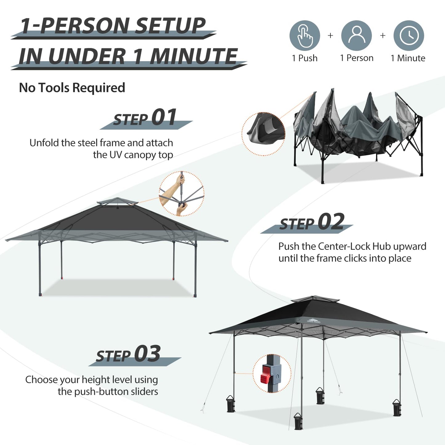 EAGLE PEAK 13x13 Straight Leg Pop Up Canopy Tent Instant Outdoor Canopy Easy Single Person Set up Folding Shelter w/Auto Extending Eaves 169 Square Feet of Shade (Black/Gray)