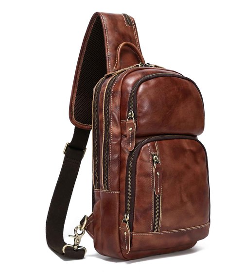 LANNSYNE Men's Vintage Full Grain Leather Sling Bag, Crossbody Chest Daypack fits 10.5" iPad