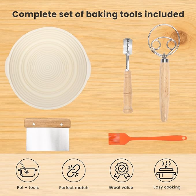 QuliMetal Cast Iron Cookware Set, 2-Piece Pre-Seasoned – 3.2QT Oval Bread Pan & 5QT Dutch Oven with Sourdough Starter Kit, Heavy Duty Cast Iron Bakeware for Artisan Bread, Home Cooking & Baking