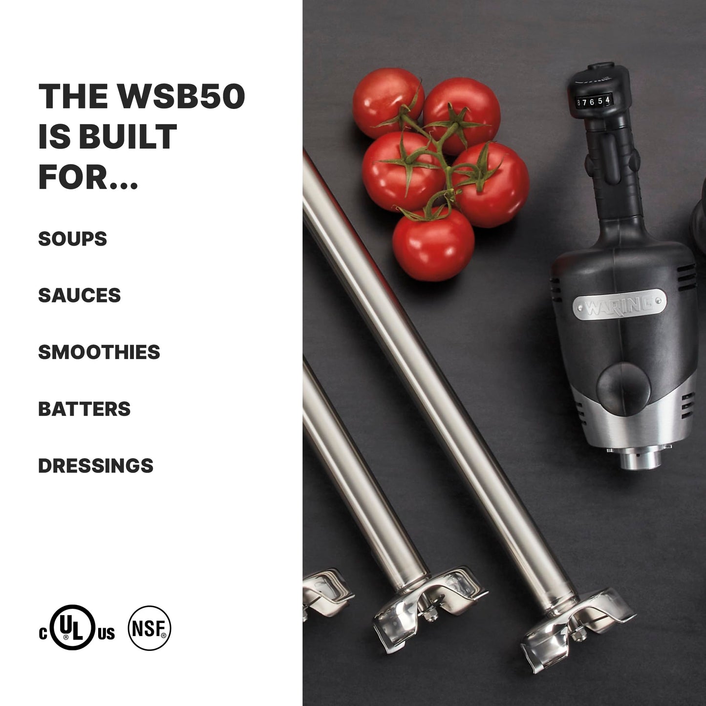 Waring Commerical WSB50 Big Stix Heavy Duty Immersion Blender, 12" Removable Shaft, 1 HP/700 Watt Variable Speed Motor, 120V, 5-15 Phase Plug,Black/Silver