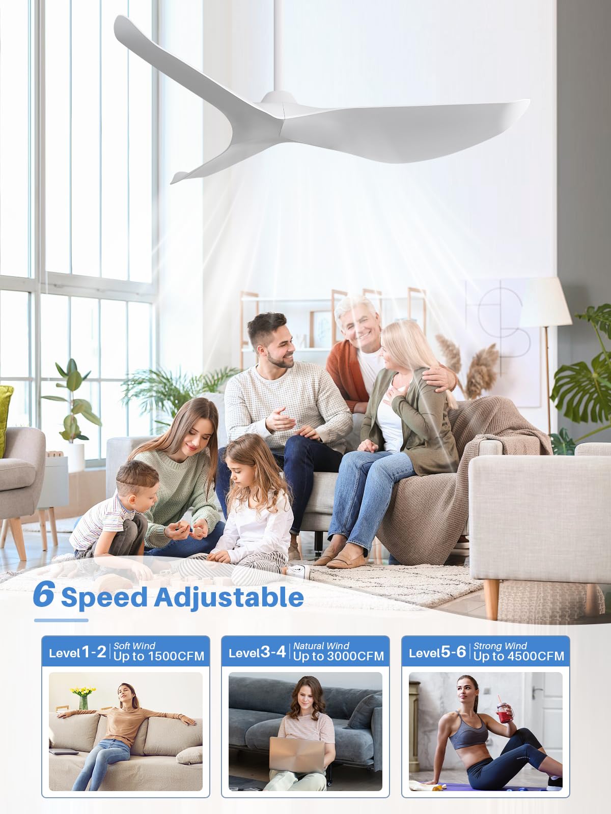 Sofucor 52 Inch Ceiling Fan No Light, Modern Ceiling Fan with Remote Control, Quiet Reversible DC Motor, 6-Speed Noiseless Indoor Ceiling Fan for Bedroom Living Room Covered Patio Porch