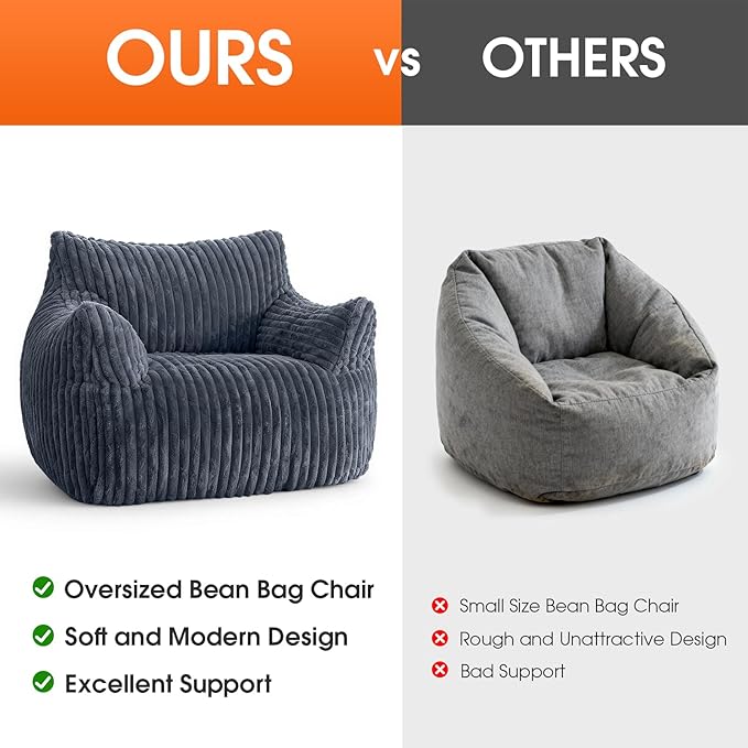 Giant Bean Bag Chair for Adults, Oversized Memory Foam Bean Bag Sofa with Armrests, Large Comfy Fluffy Single Lounges Mini Couch for Living Room, Bedroom & Dorm(Gray)