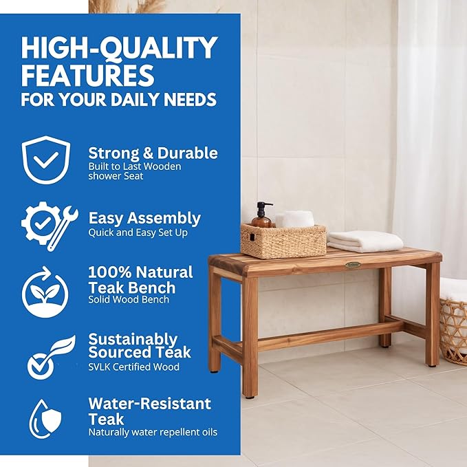 EcoDecors Eleganto 35 Inch Natural Color Waterproof Teak Wood Shower Bench Stool Seat Chair For Inside Shower Provides Safety, Storage, and Organization For Bathroom Accessories