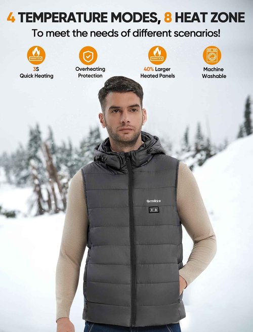 [2025 All-New] Heated Vest for Men - 7.4V 16000mAh Battery Pack and Detachable Heated Hood, Mens Heated Vest