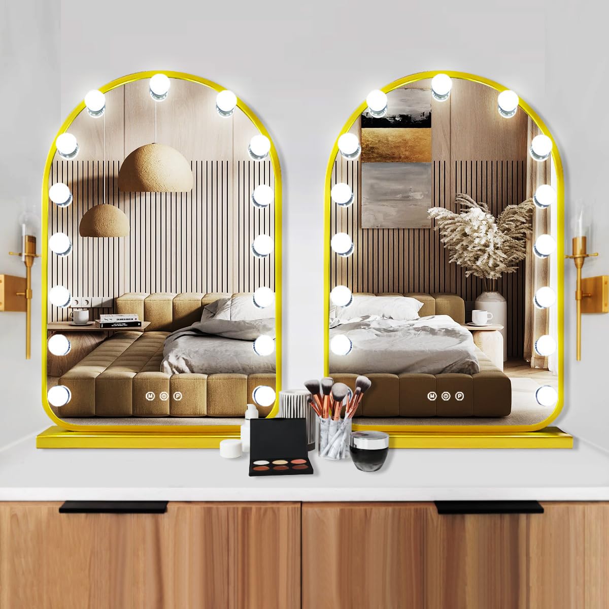 THEKLA Gold Arch Hollywood Vanity Mirror with Lights for Makeup Desk Table Wall Detachable Base Stand X10 Magnifying Dimmable 3 Color Lights 15 Bulbs Gold Arch Hollywood Lighted Vanity Makeup Mirror