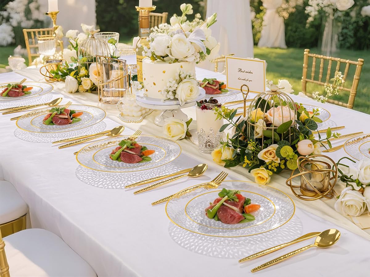 Rubtlamp 60Pcs Clear Plastic Plates,Clear Disposable Plates With Gold Rim,Heavy-duty Gold Plates,Hammered Party Plates Include 30Clear Dessert-Platos,30Dinner-Platos for Wedding, Party&Thanksgiving