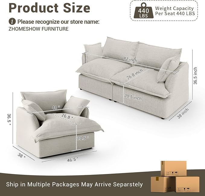 Lopzeho 82” Modular Sectional Sofa, Comfy Down Fill Cloud Couch, Loveseat with Single Seater, Small Couch with Washable Cover, Sectional Couches for Living Room Small Apartments, Light Gray