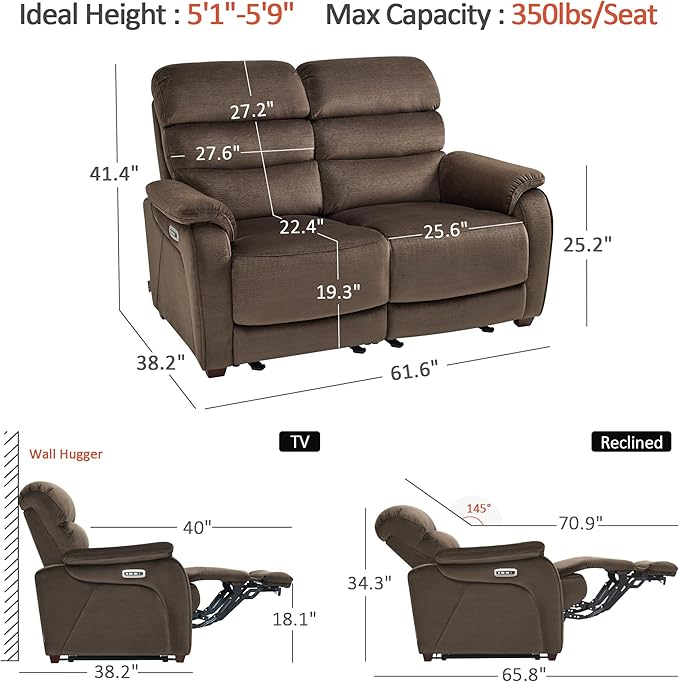 MCombo 61.6'' Wall Hugger Power Loveseat Recliner, Reclining Loveseat with Adjustable Headrest, USB Charge Ports, Wood Legs for Living Room, RVs, Small Spaces, Fabric ST258M1 (Loveseat, Coffee)