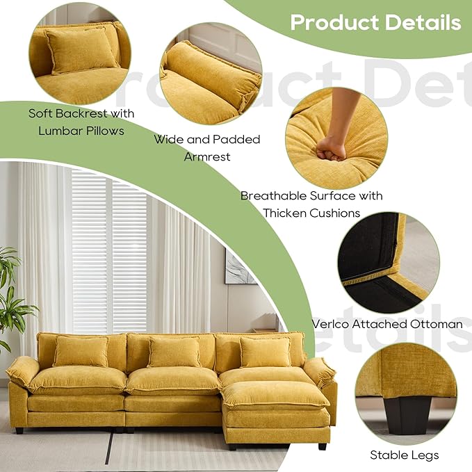 Oprisen 120" Modular Sectional Sofa, Comfy Cloud Couch Sectional Sofa with Ottoman, Chenille Sofa Sleeper Deep Seat Sofa with Throw Pillows for Living Room (Yellow, 120"- L Shape)