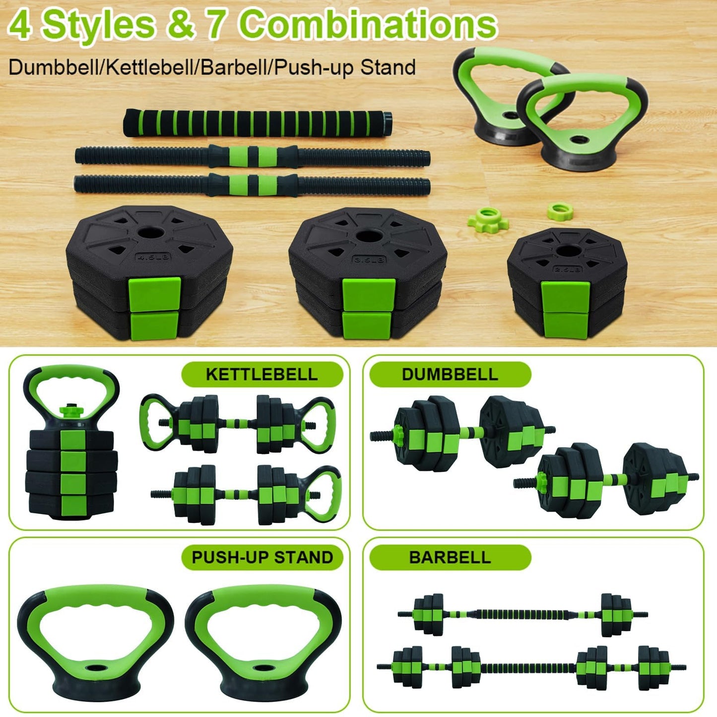 Adjustable Dumbbell Set, 4 in 1 Adjustable Kettlebell Set,44lbs/66lbs/88lbs Weight Set Used as Kettlebells, Barbell, Push up Stand for Home Gym,Green and Black,Octagon Head