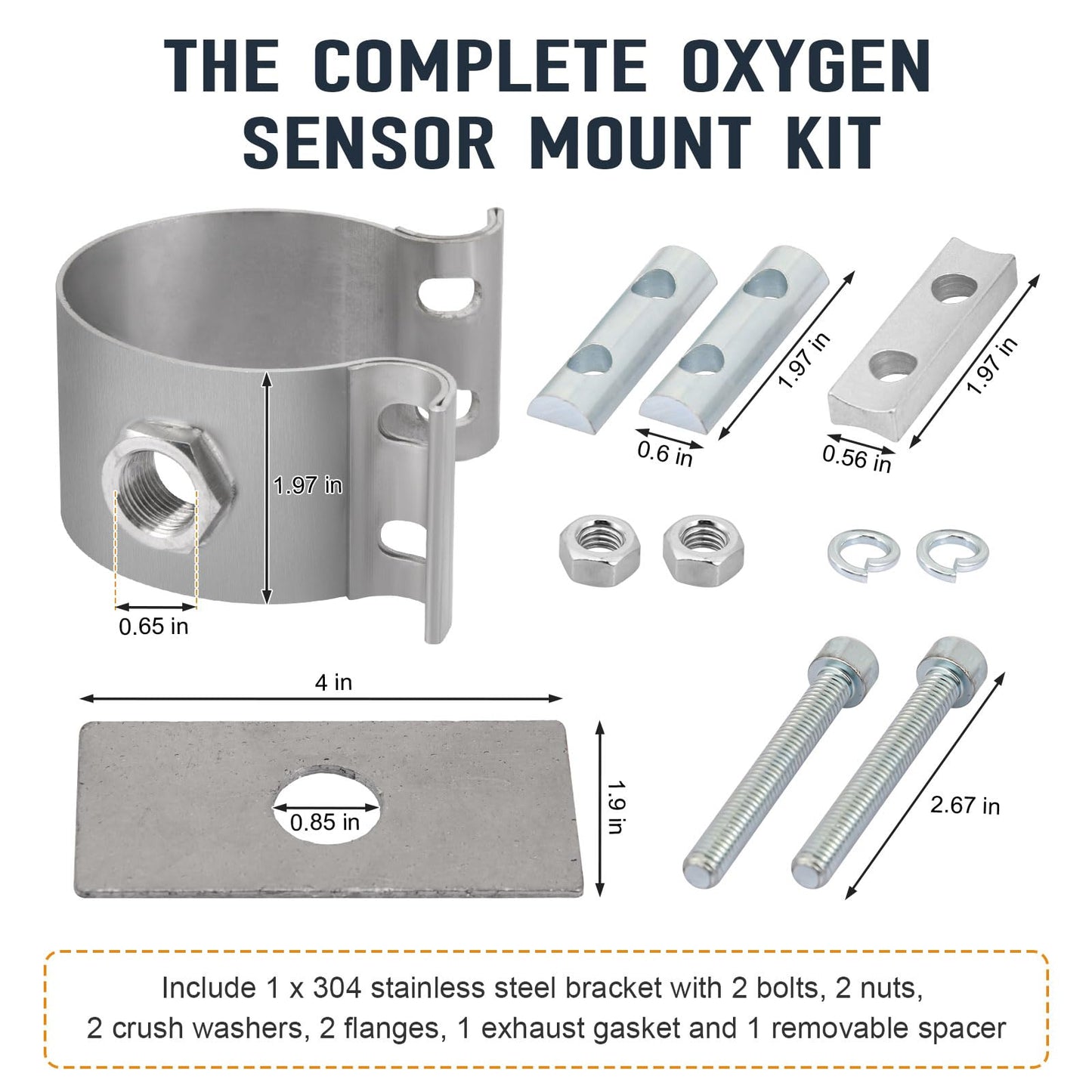 Oxygen Sensor Adapter for 2-1/4"-2-1/2" Clamp-On Wideband Oxygen Sensor Pipe, Sensor Bung Adapter Kit for Automotive Exhaust Systems, No Weld Design, 1 Pack